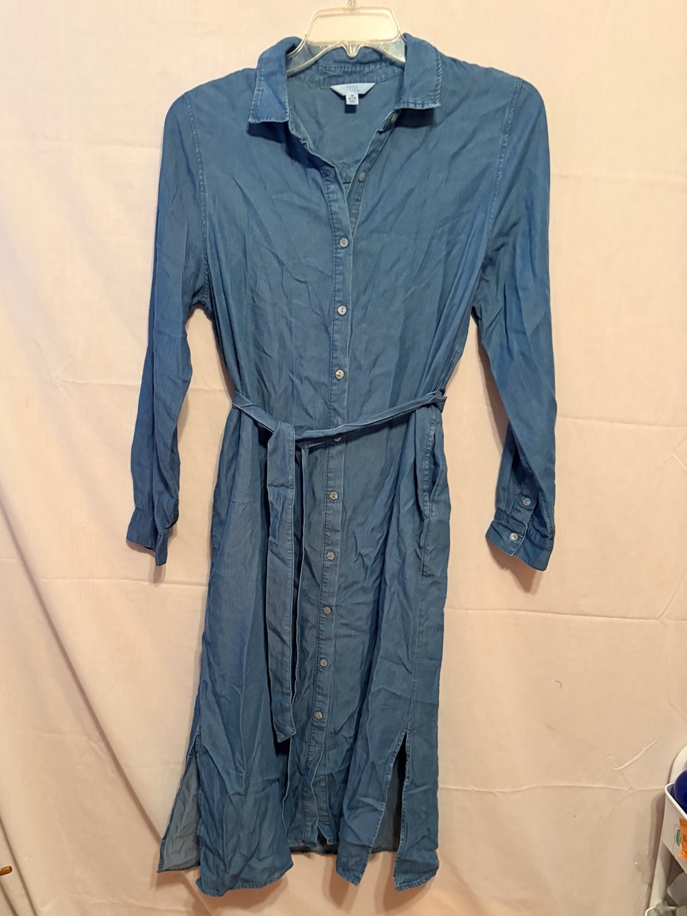 Time and Tru Blue Long-Sleeve Button-Front Shirt Dress with Waist Tie